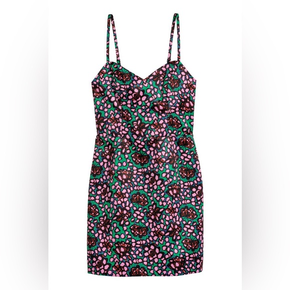 H&M fitted Floral satin mini dress green pink H&M size 8 - Picture 2 of 9
